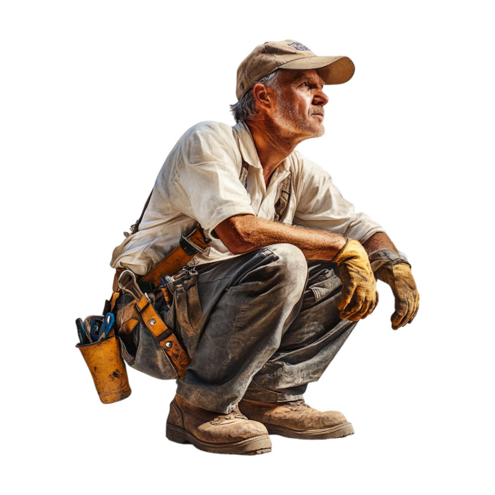 a man in a hard hat and overalls sitting down png