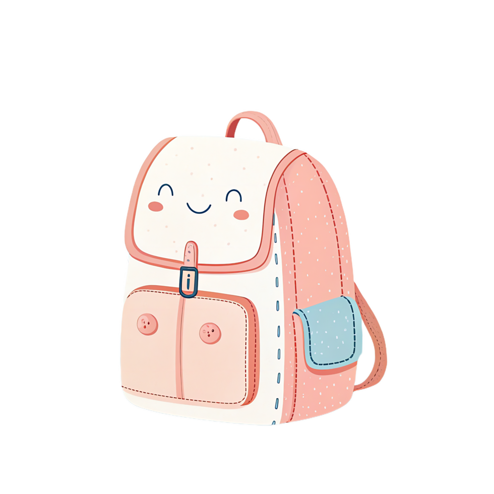 cute pastel colored backpack icon with smiling face, perfect for children. This cheerful design features front pocket and playful aesthetic that adds joy to any school or travel experience png