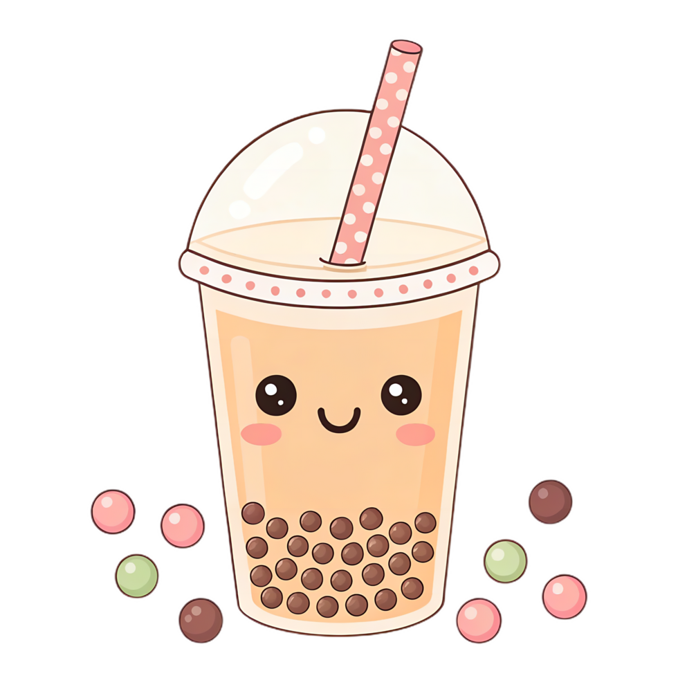 Cute bubble tea drink with smiling face and colorful tapioca pearls png