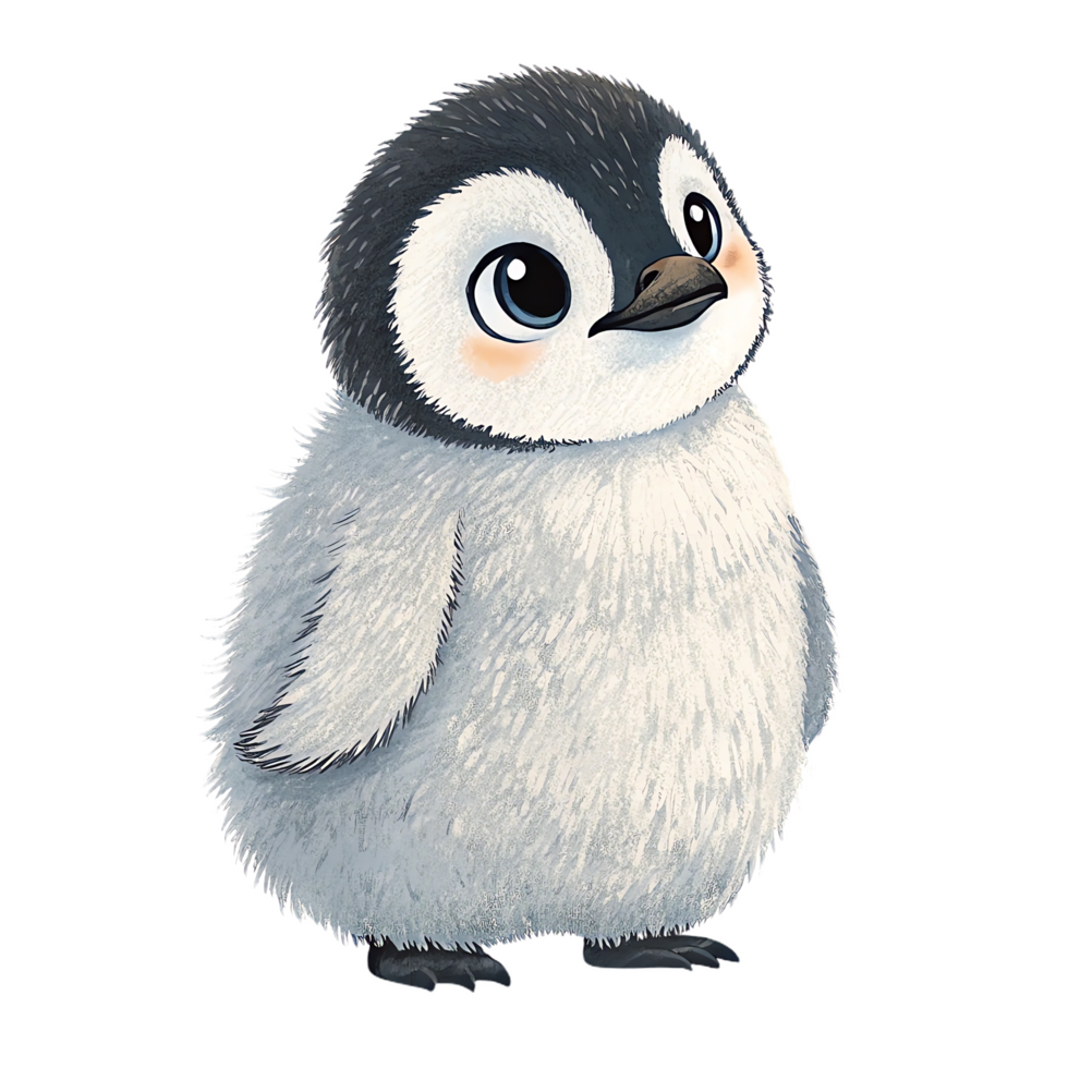 tiny baby penguin with big round eyes and fluffy feathers, exuding sense of innocence and charm. This adorable creature stands upright, showcasing its playful nature png