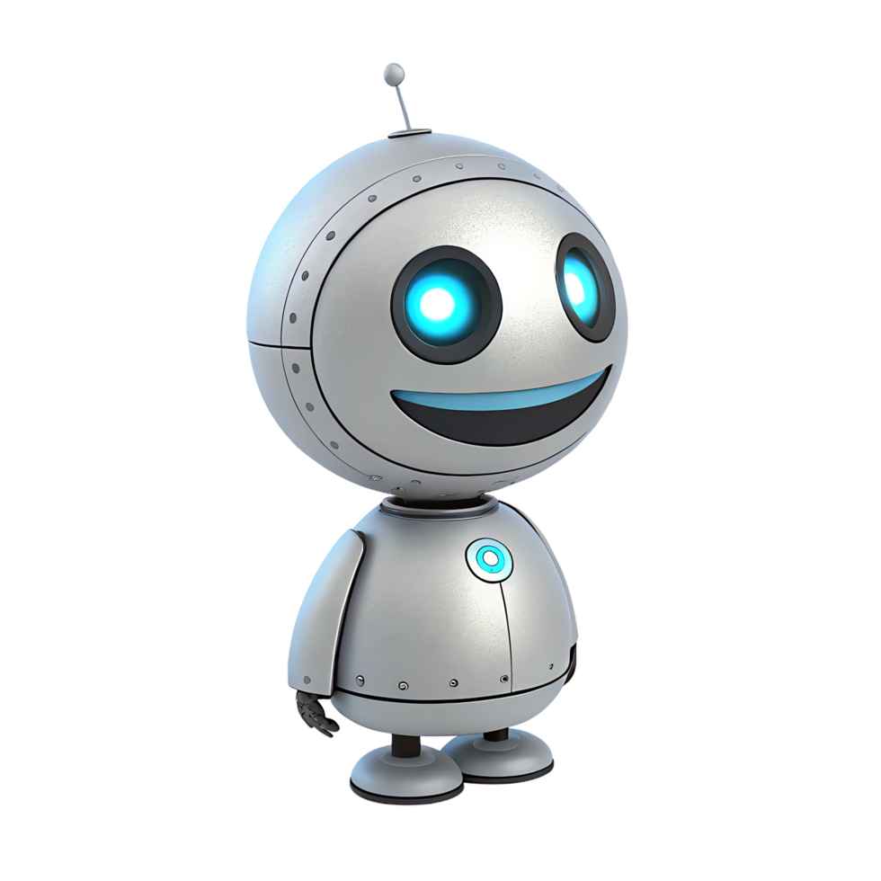 small, smiling robot icon with glowing blue eyes, showcasing friendly and futuristic design. This charming character embodies playful and approachable vibe, perfect for various digital png