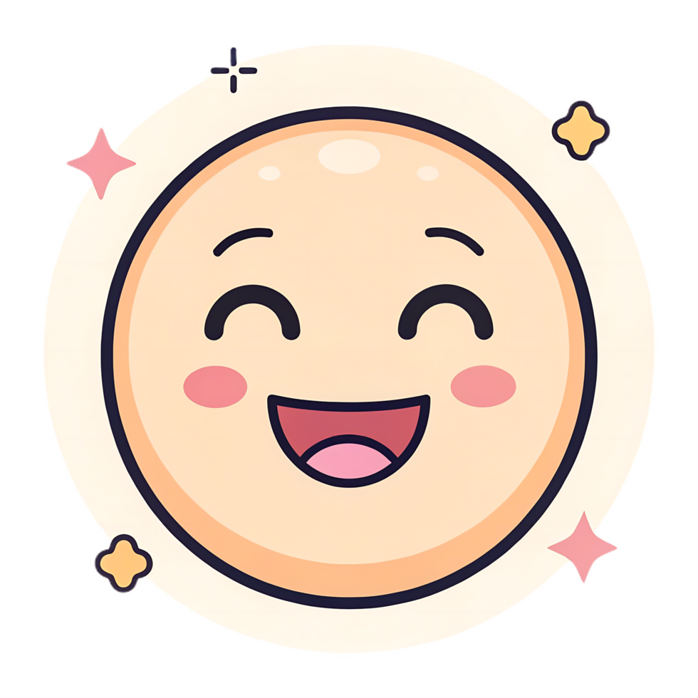 cheerful smiling face icon with rosy cheeks and joyful expression, surrounded by decorative stars. This playful design evokes happiness and positivity png