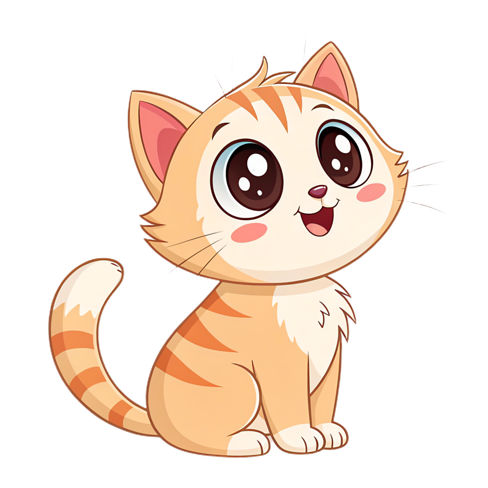 carino cartone animato gatto icona con grande scintillante occhi, sorridente felicemente. Questo adorabile felino Caratteristiche arancia strisce e soffice coda, Perfetto per bambini illustrazioni o animale domestico a tema disegni png