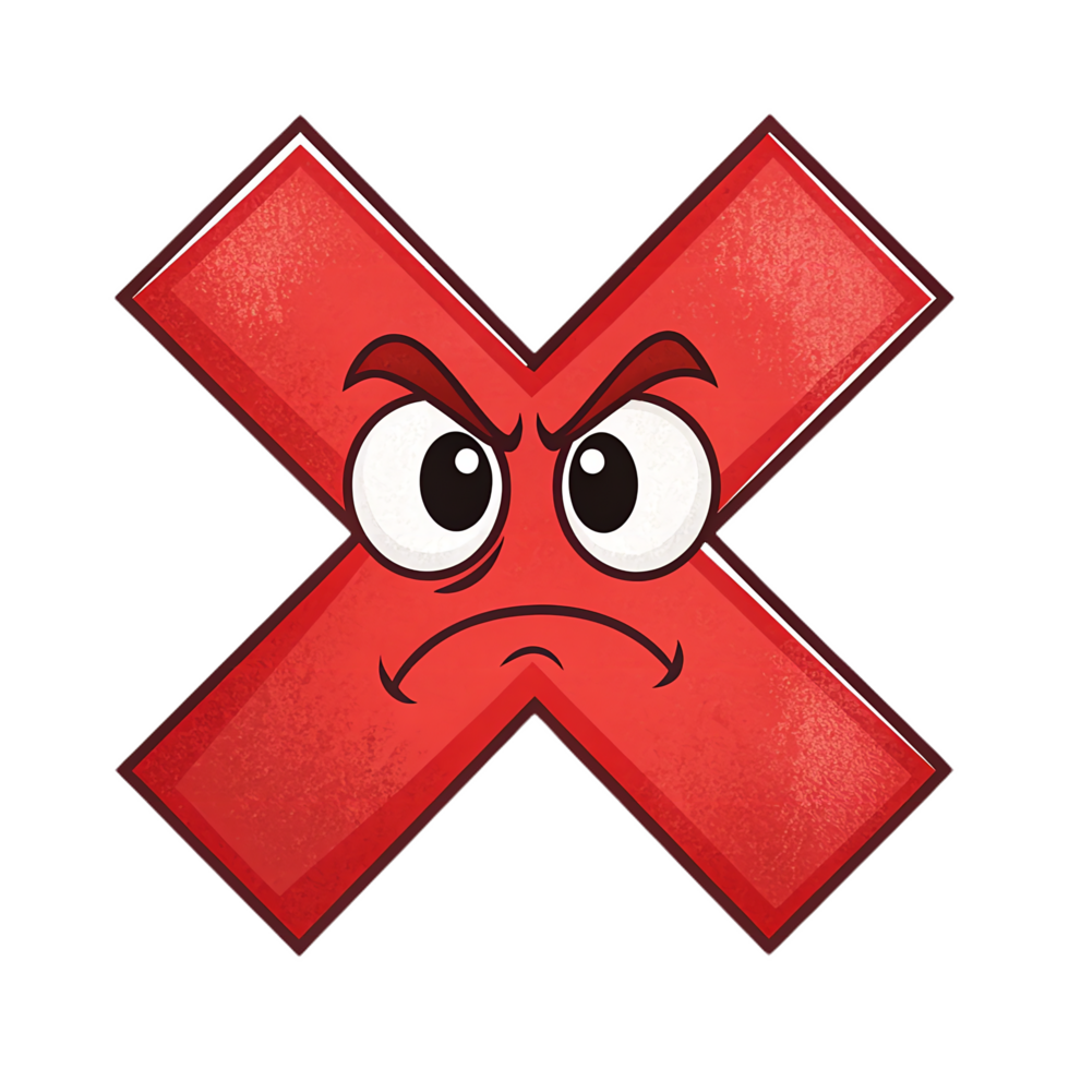 Angry chibi style red cross symbol with frowning face expressing frustration. This illustration captures playful yet intense emotion png