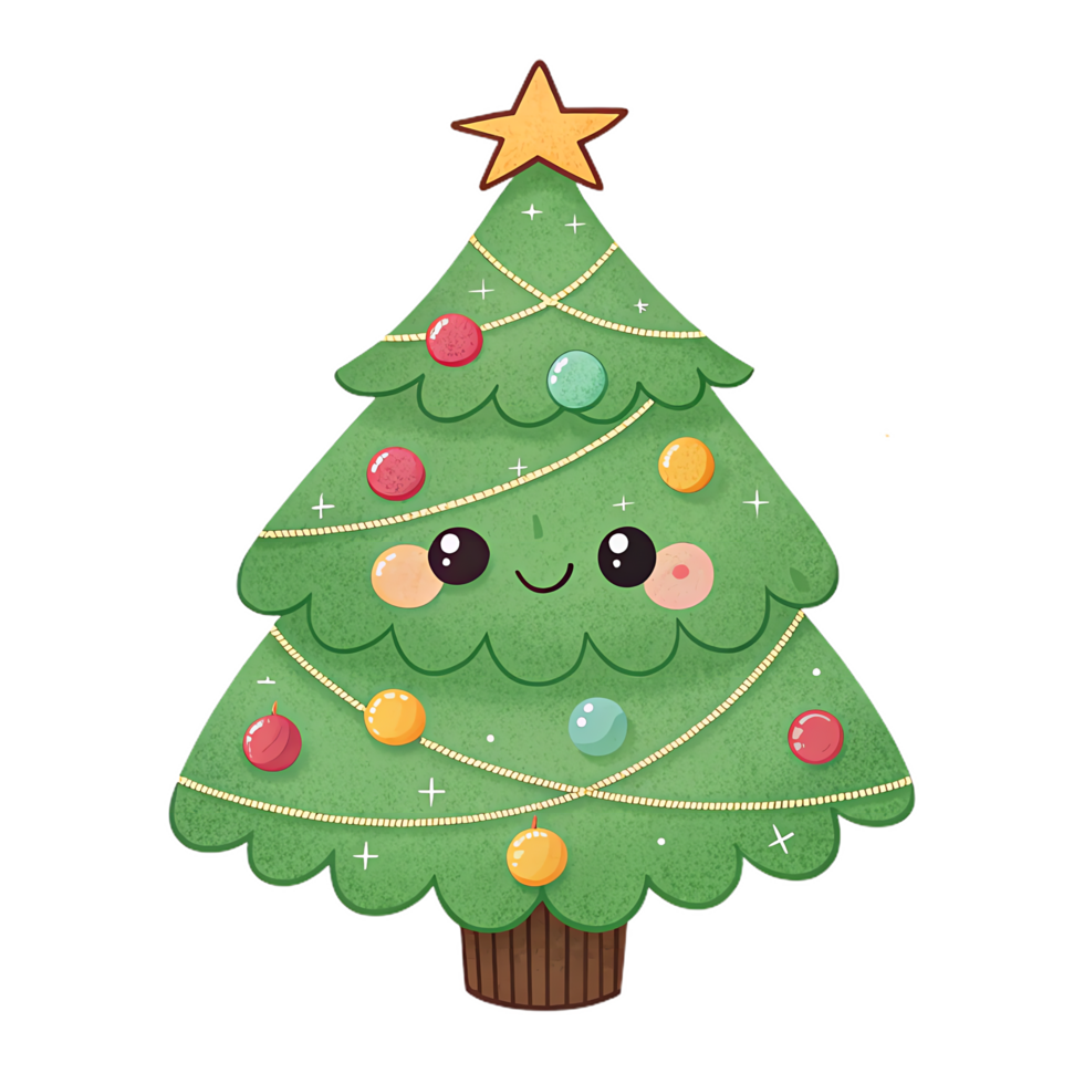 Kawaii style Christmas tree icon with colorful ornaments and star. This cheerful design brings festive joy and warmth to any holiday celebration png