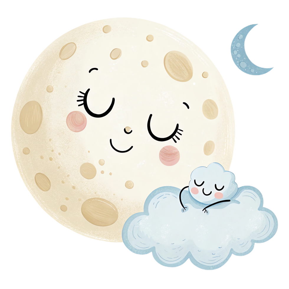 fluffy moon with sleepy face, gently hugging tiny cloud, creates whimsical and serene night scene. moon soft expression and cloud cozy demeanor evoke sense of calm and comfort png