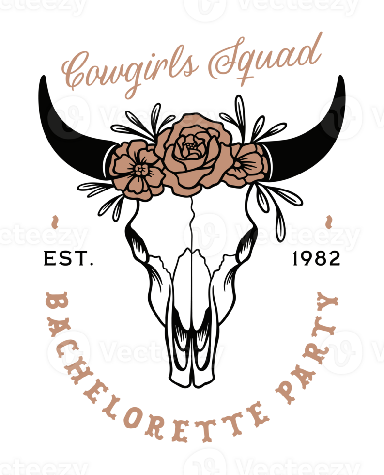 Bachelorette party country cowgirls squad western boho cowboy aesthetic theme quotes floral bull cow skull retro vintage lettering bridesmaid girls squad shirt design transparent background png