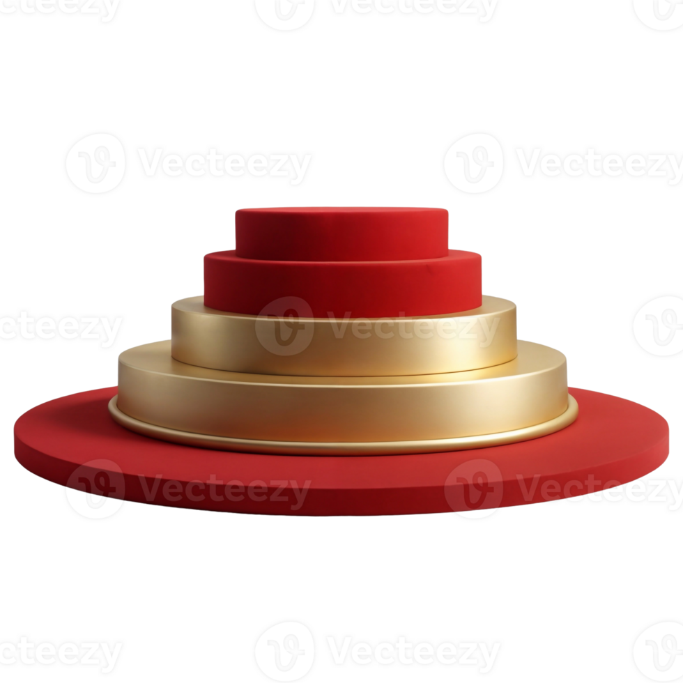 Illustration of an empty round podium with red fabric and gold accents for product display png
