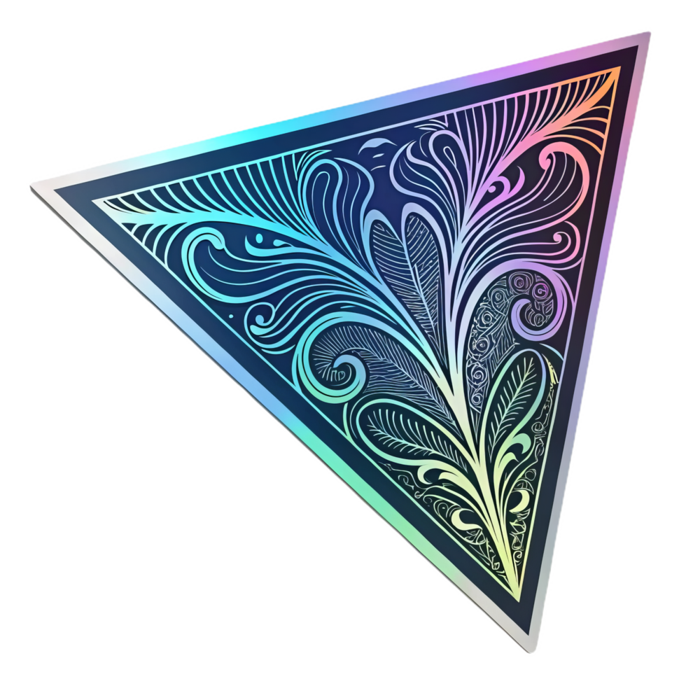 Futuristic holographic design featuring intricate patterns and vibrant colors, creating visually striking triangular shape. This artwork embodies modern aesthetics and creativity png