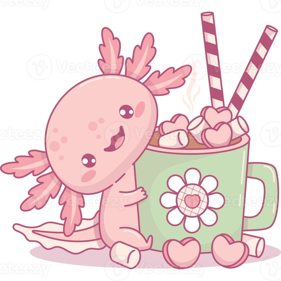 Cute Axolotl with Hot Cocoa with Marshmallows png