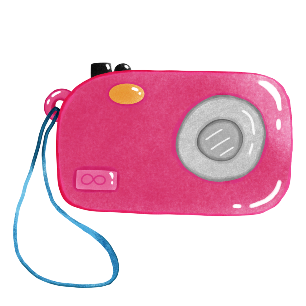a pink camera with a strap on it png