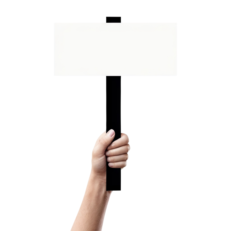 Hand holding empty white board on transparent background png