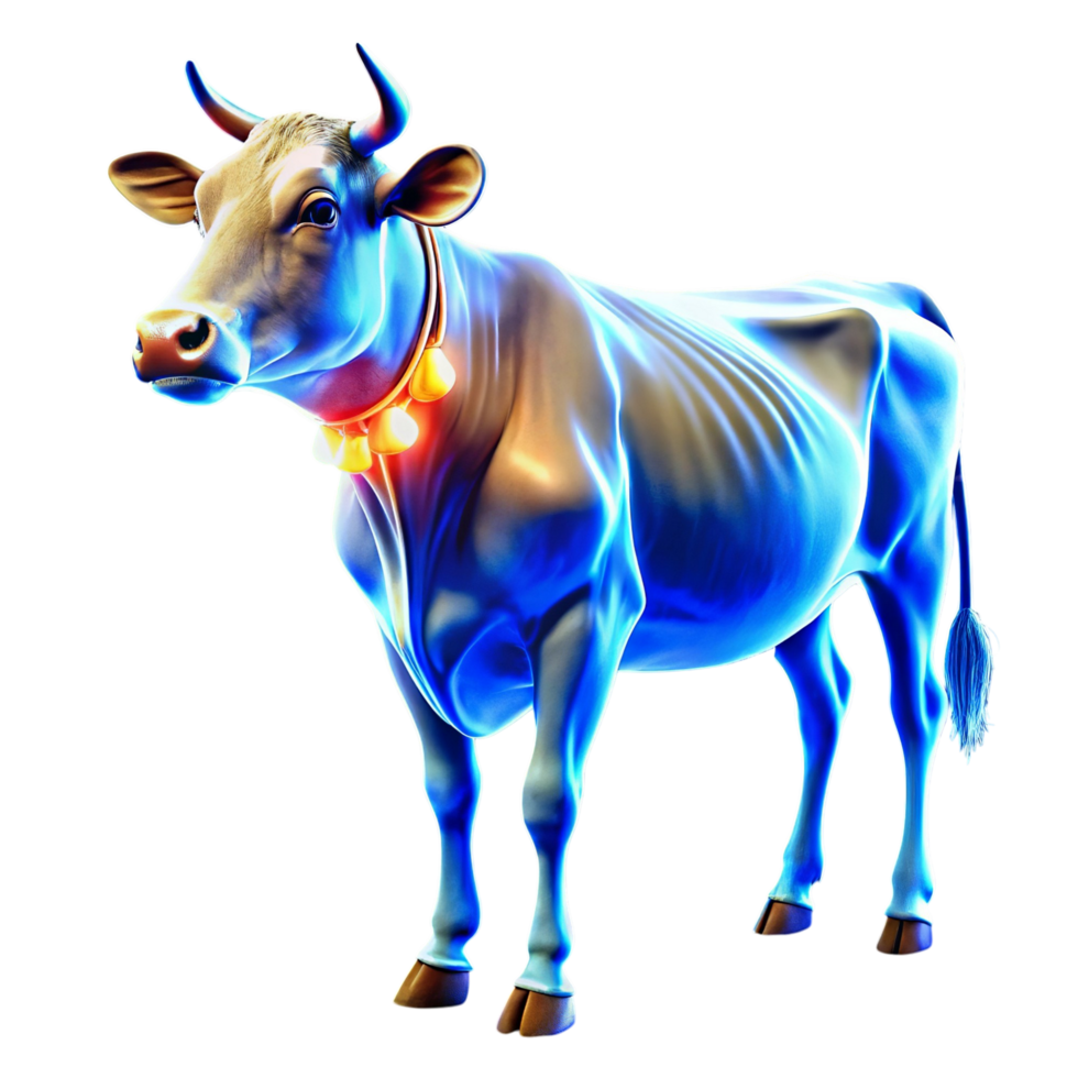 Vibrant 3D Render of a Cow with Decorative Bells png