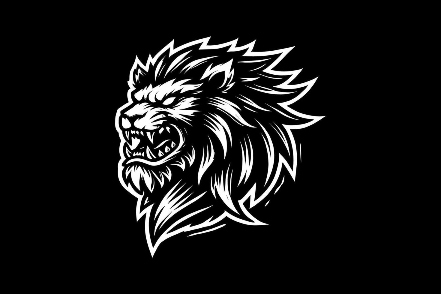 angry lion head Black And White Design Black Background vector