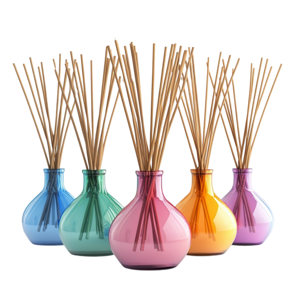 Collection of small reed diffusers in vibrant pastel colors png