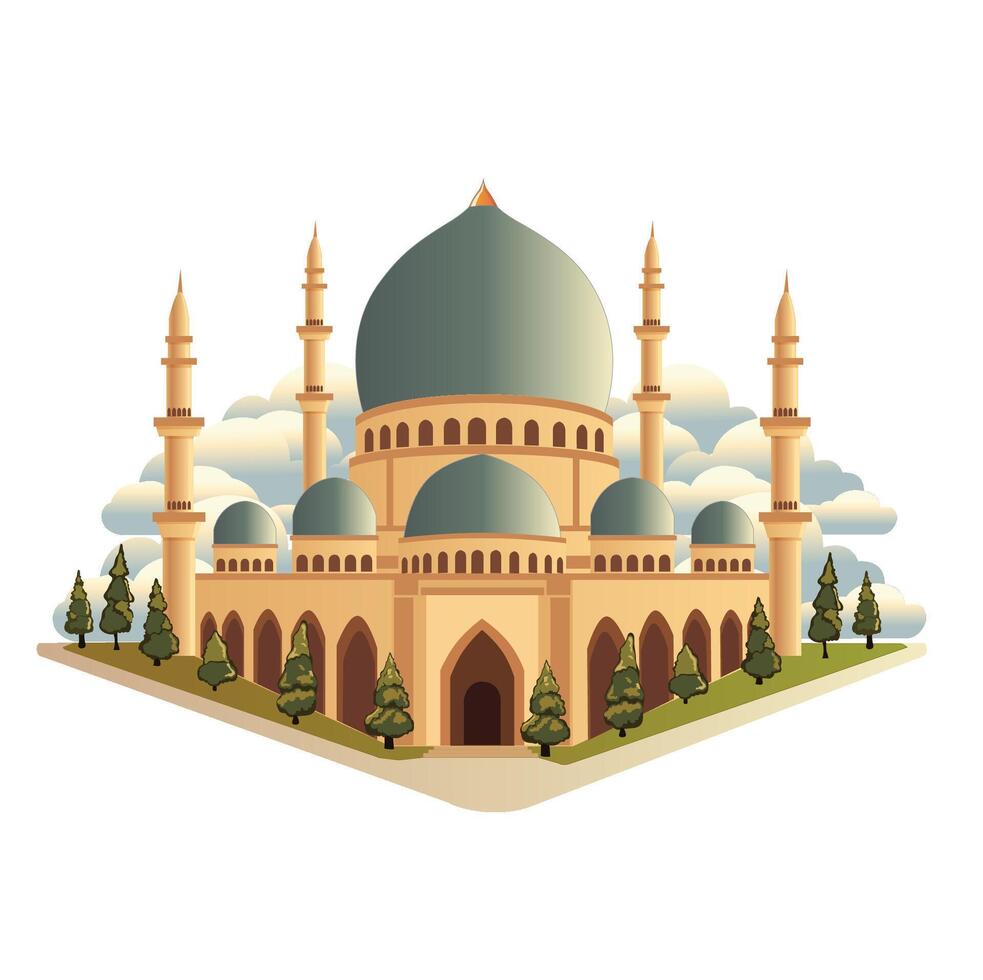 A big mosque with green grass and some trees vector