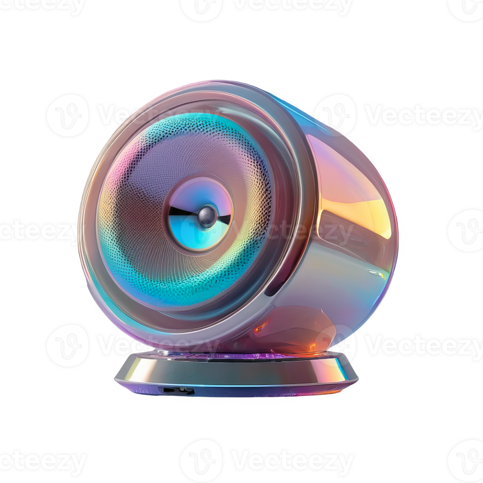 3D chrome element in Y2K style, isolated background, liquid holographic metal. Colorful speaker with rainbow design, colorful modern design, music, audio. png