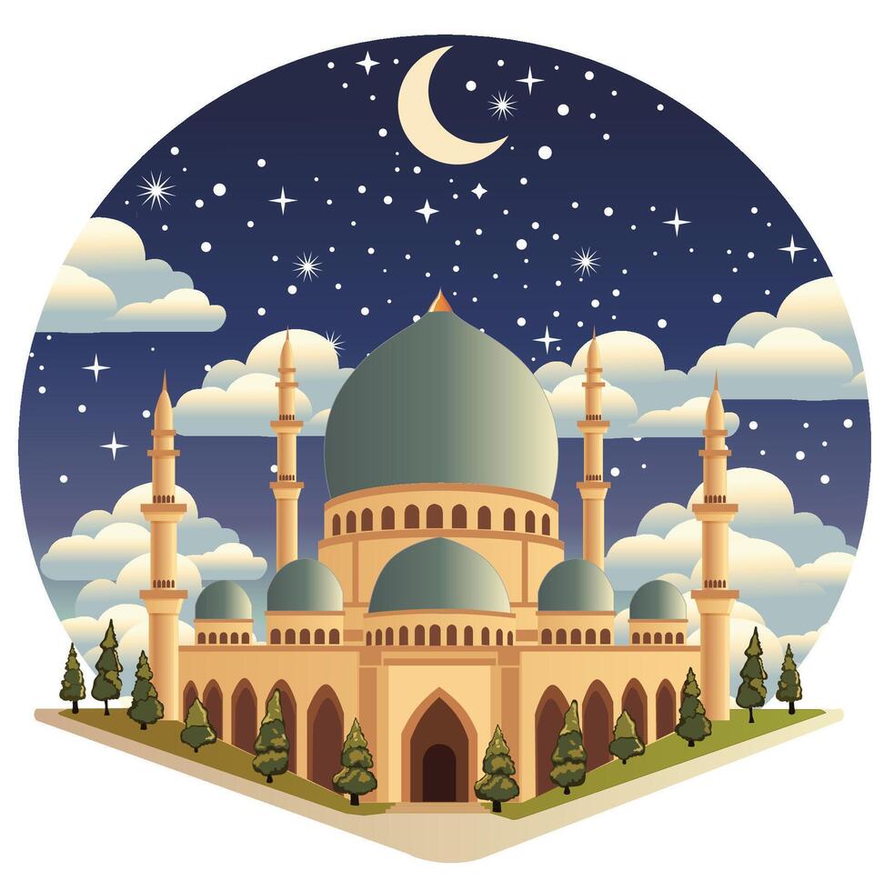 A big mosque at night with stars moon and some clouds vector