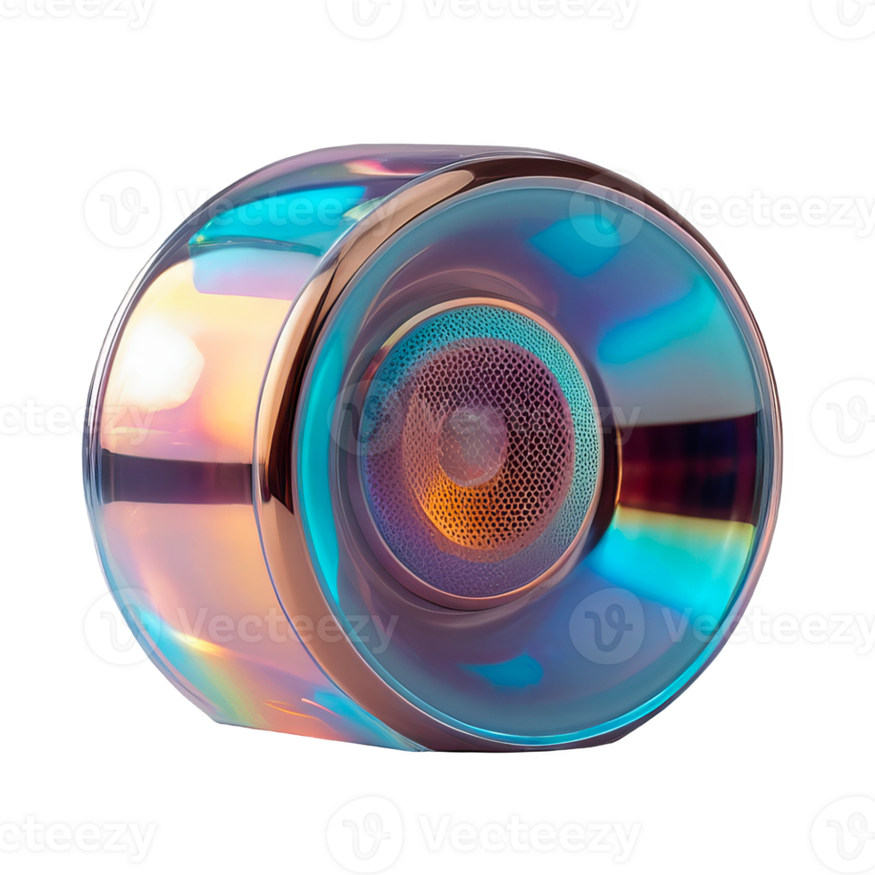 3D chrome element in Y2K style, isolated background, liquid holographic metal. Colorful, shiny and reflective object made of glass, metallic finish, speaker. png