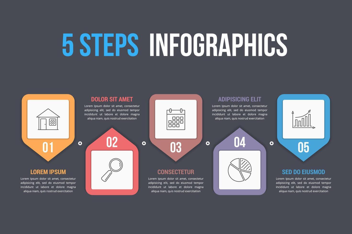 Infographic template with five steps with line icons, process, workflow, options design, dark background vector