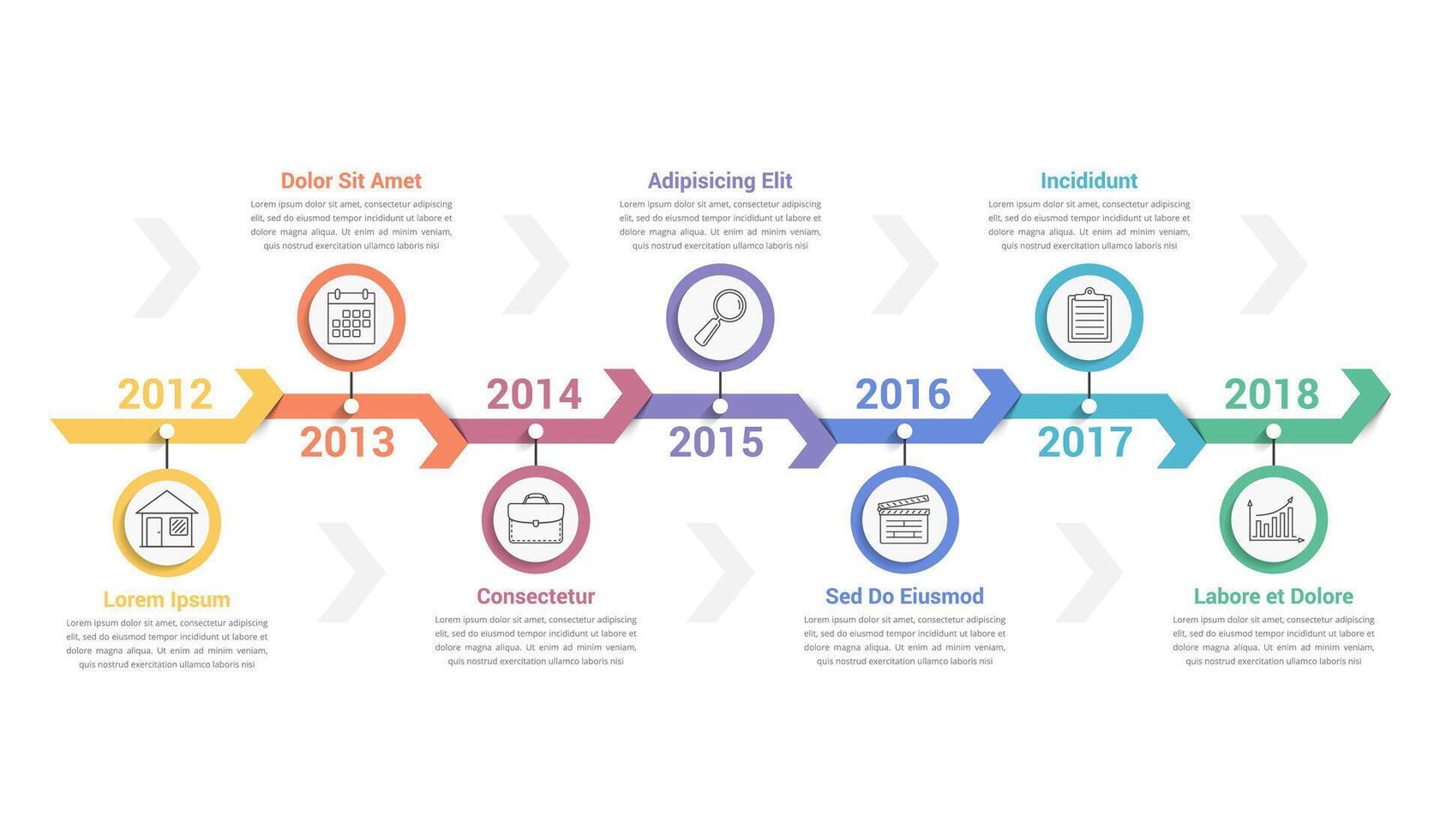 Timeline infographics template with six arrows vector