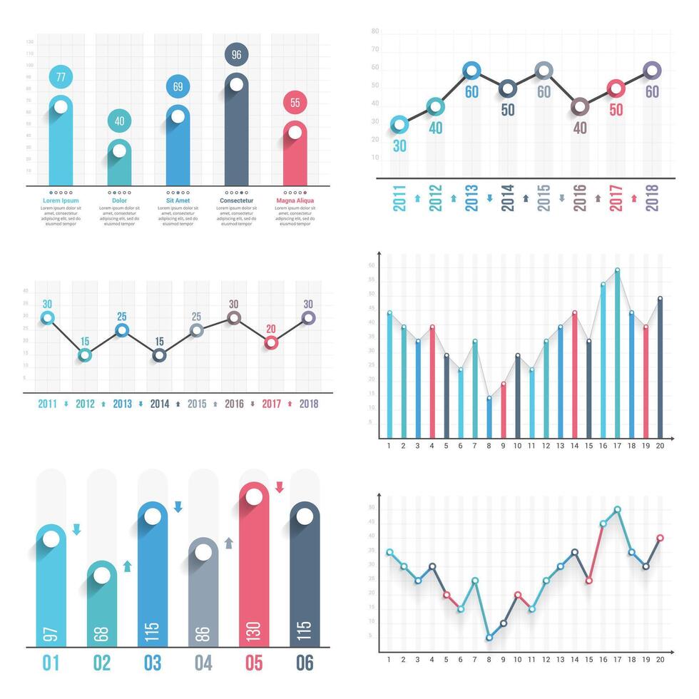 Six Templates with bar graphs and line graphs vector