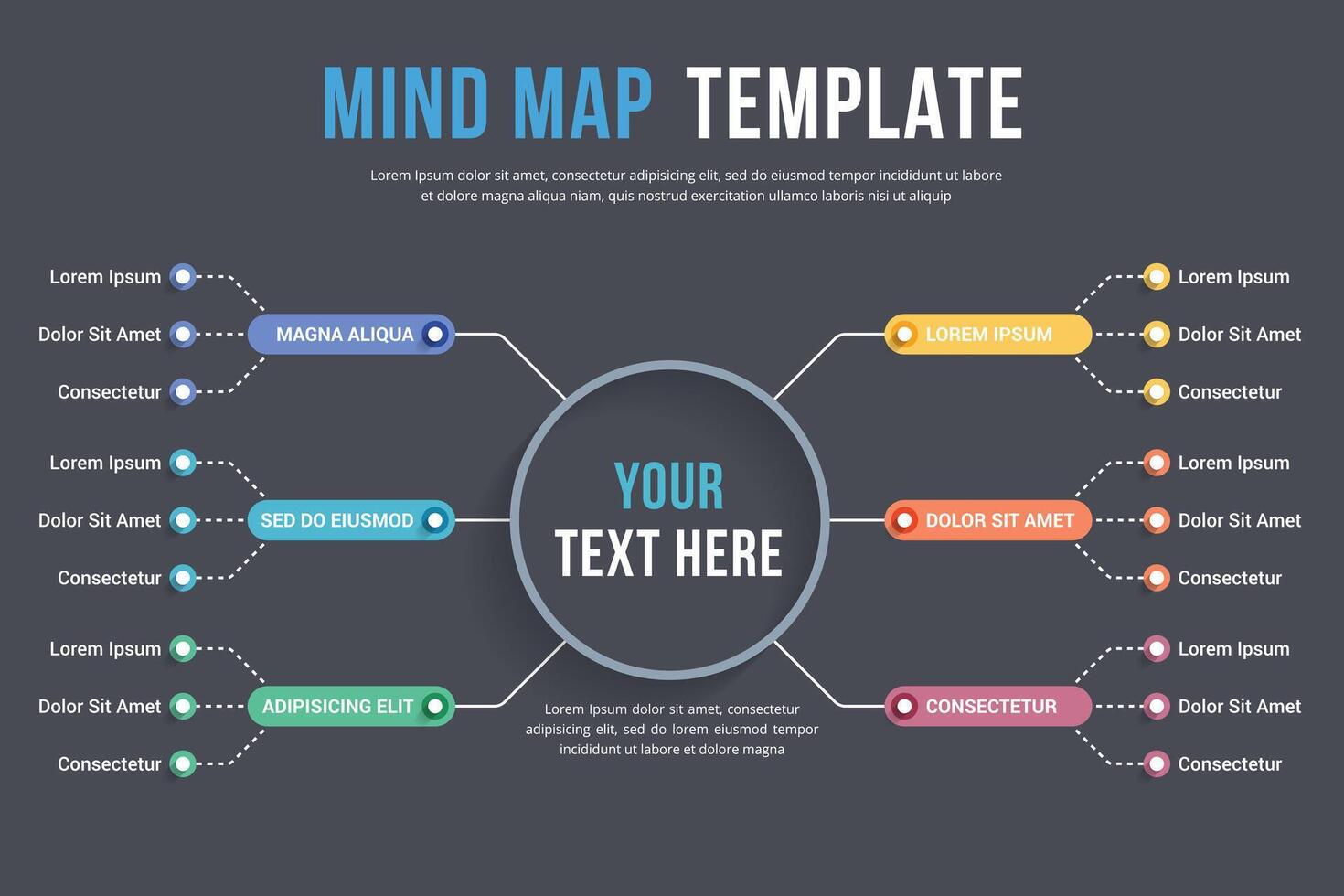 Absrtact mind map template, dark background vector