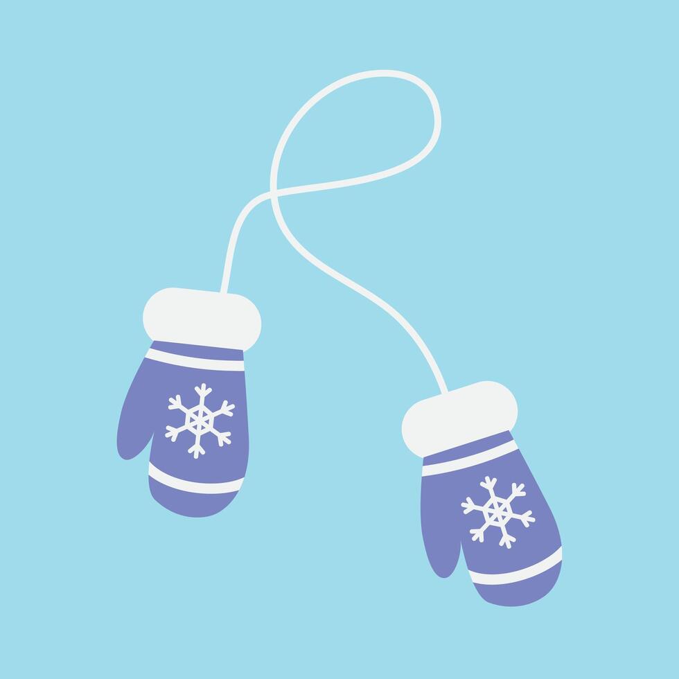Blue knitted mittens in a flat style on a light blue background. vector