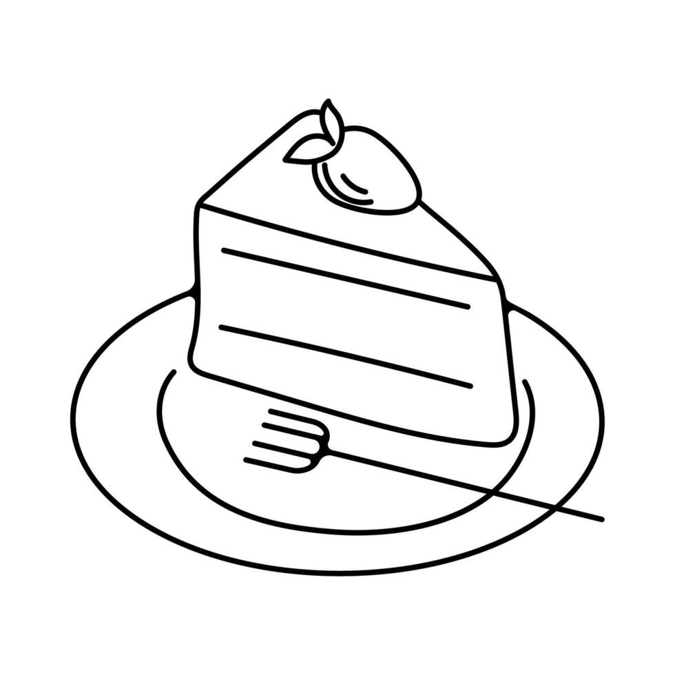 A hand-drawn piece of cake on a plate with a fork. vector