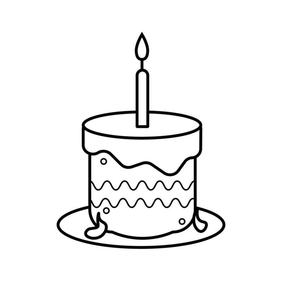 Drawn in line style cake with candle for culinary design. Isolated baked goods on a white background. Dessert icon. vector