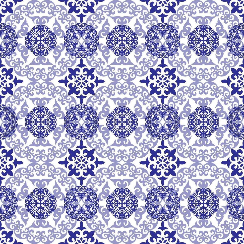 Italian blue and white ceramic tile pattern. Mediterranean porcelain pottery. Ethnic folk ornament. Mexican talavera, portuguese azulejo, spanish majolica, delft, italian motifs, arabesque. EPS vector