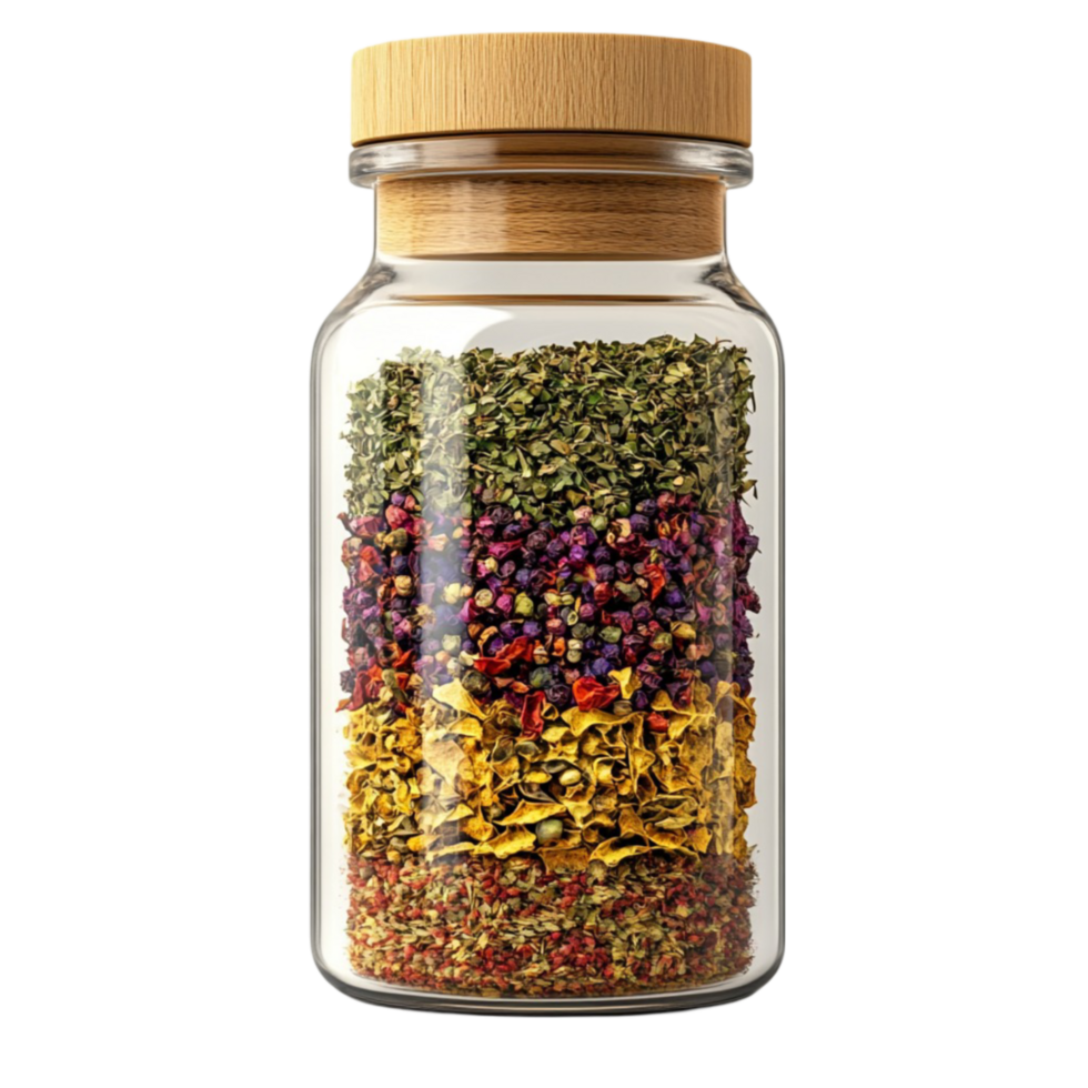 Neatly Arranged Glass Jars Filled with Fragrant Spices and Herbs png