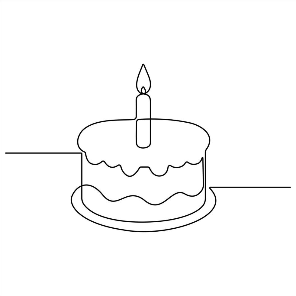 Single continuous line drawing of birthday cake with candles party anniversary and celebration concept outline design illustration vector