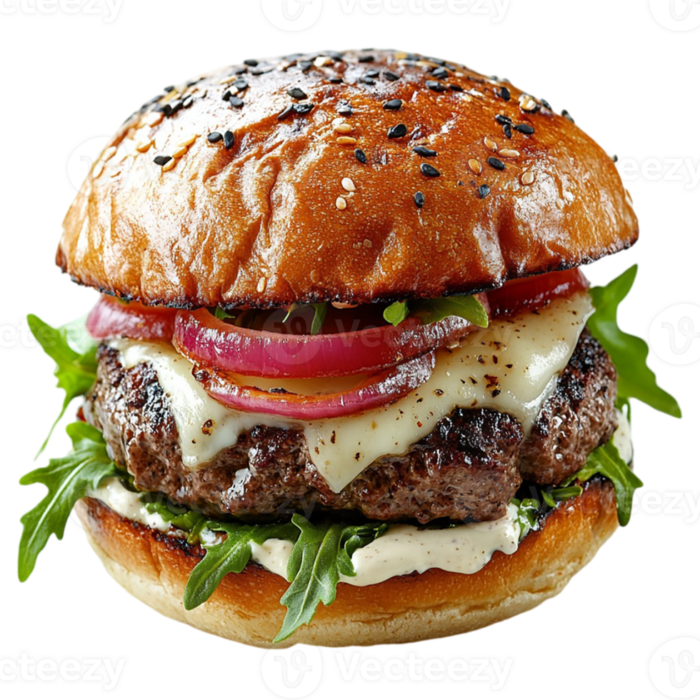 A hamburger with cheese, onions, and lettuce png