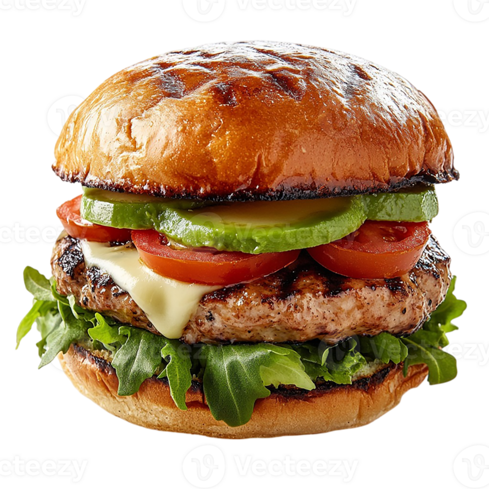 A hamburger with cheese, tomatoes, lettuce and avocado png