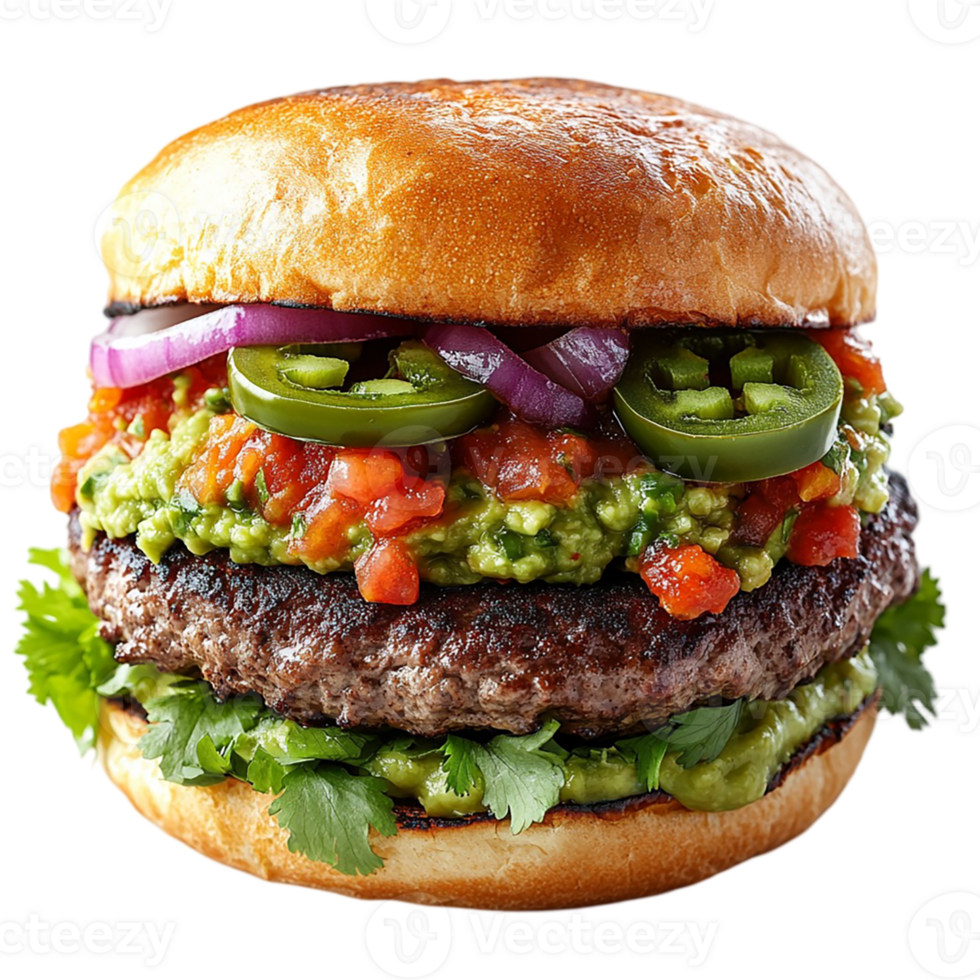 A hamburger with a lot of toppings png