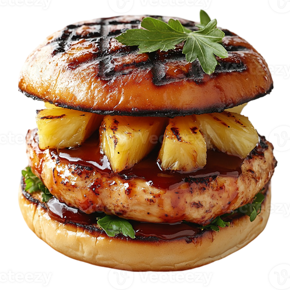 A hamburger with pineapple and barbecue sauce png