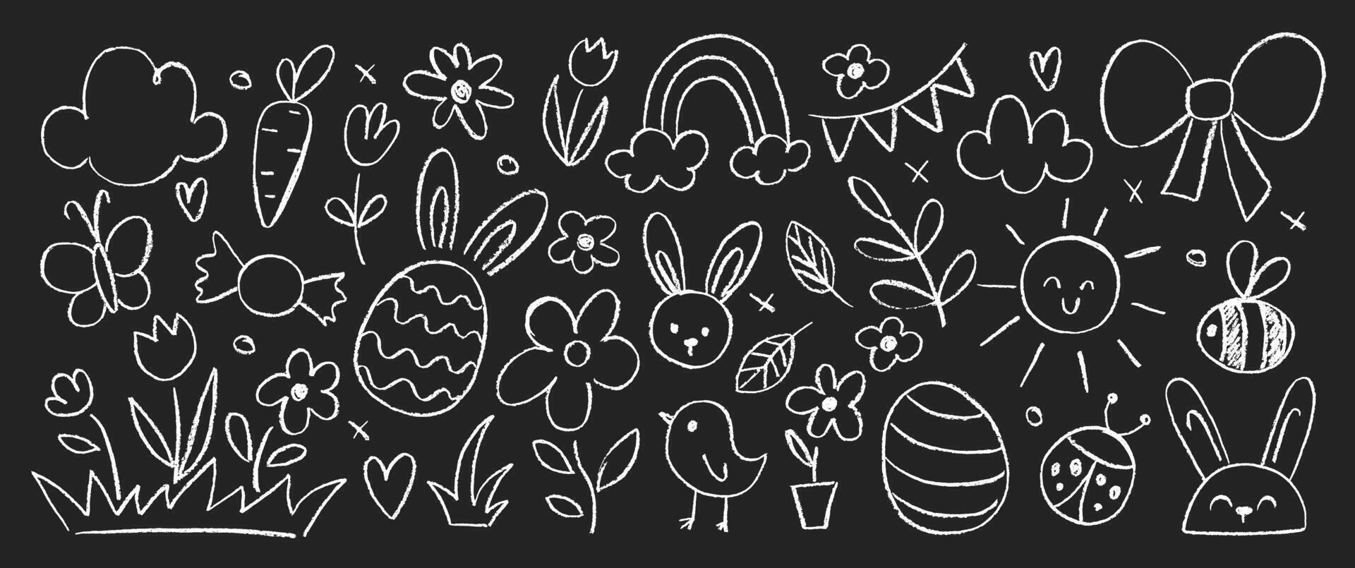 Collection of hand drawn Easter elements with crayon or pastel texture. Chalk bunny, flower, eggs and butterfly. Doodle white illustration on a blackboard. vector