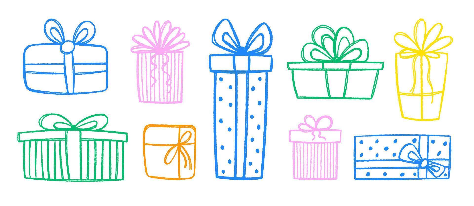Set of birthday gift boxes with crayon, pastel or chalk texture. Doodle hand drawn presents. Color illustration. vector