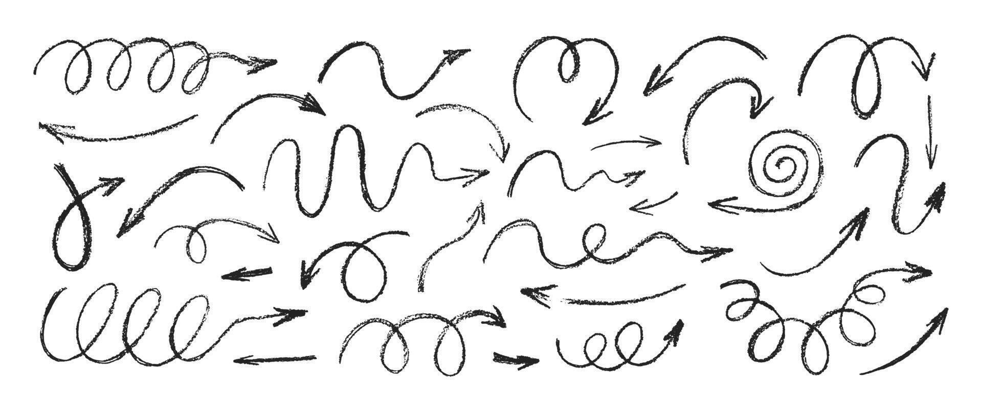 Collection of hand drawn sketch arrows with crayon, chalk or pastel texture. Black doodle illustration on a white background. vector
