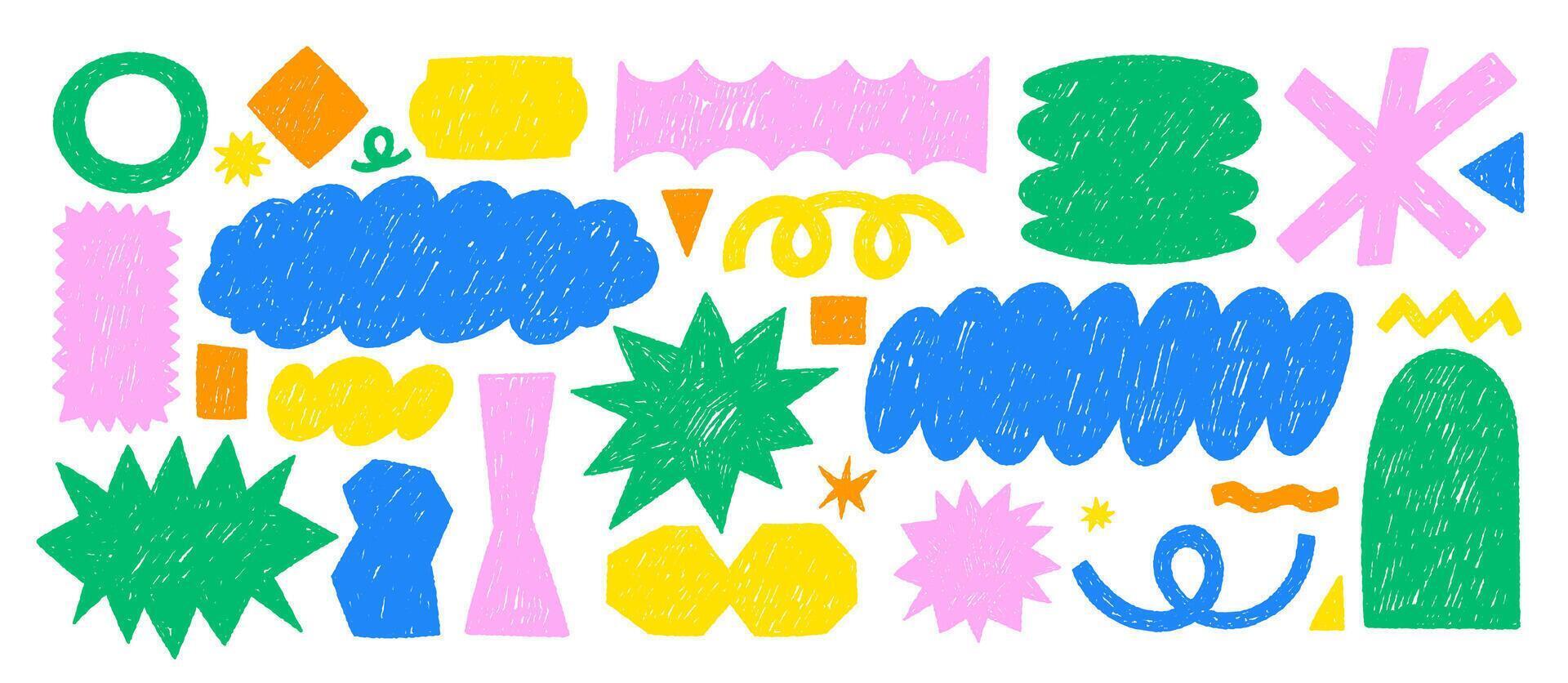 Funky doodle shapes with crayon or chalk texture. Hand drawn stickers with geometric elements for collage or design use. Color illustration. vector