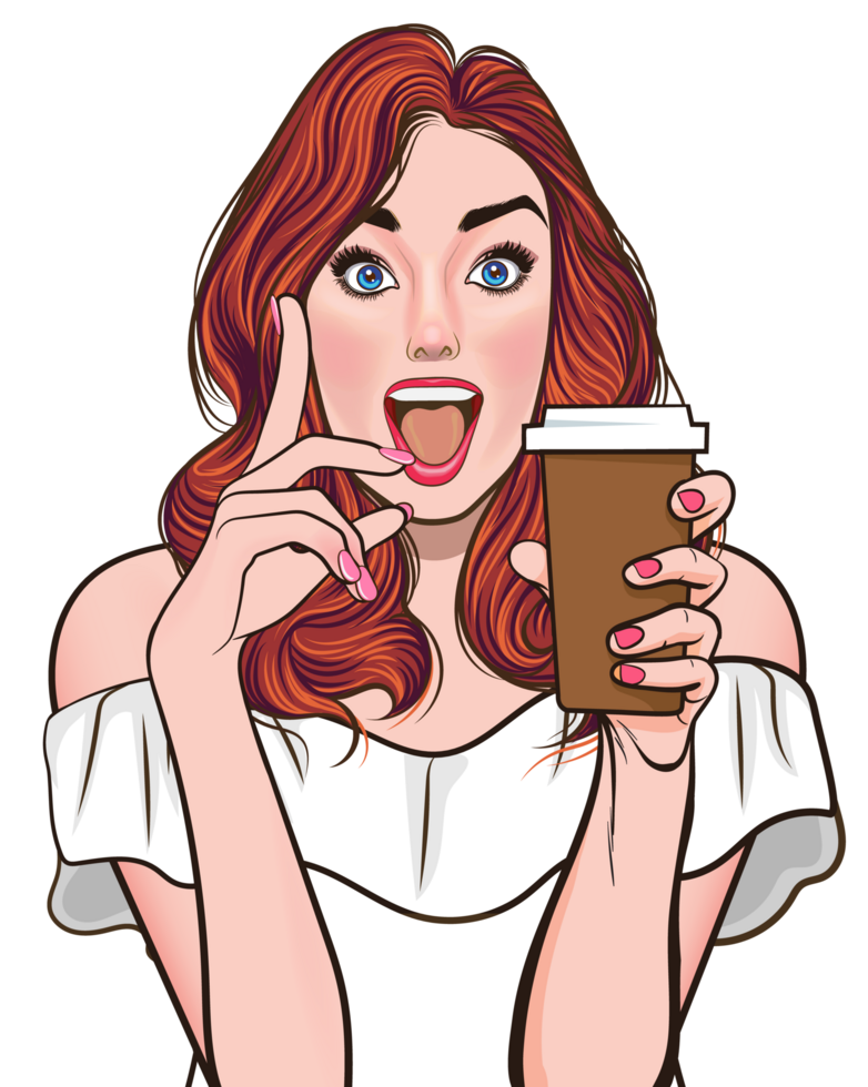 Vintage pop art character making a funny reaction while drinking coffee png