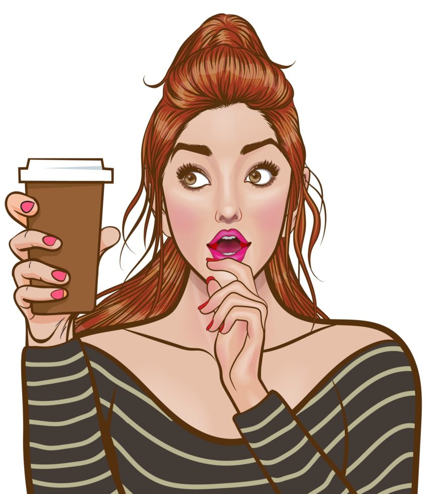 pop art cartoon character of a girl in a striped shirt expressing herself with a cup of coffee and a drink png