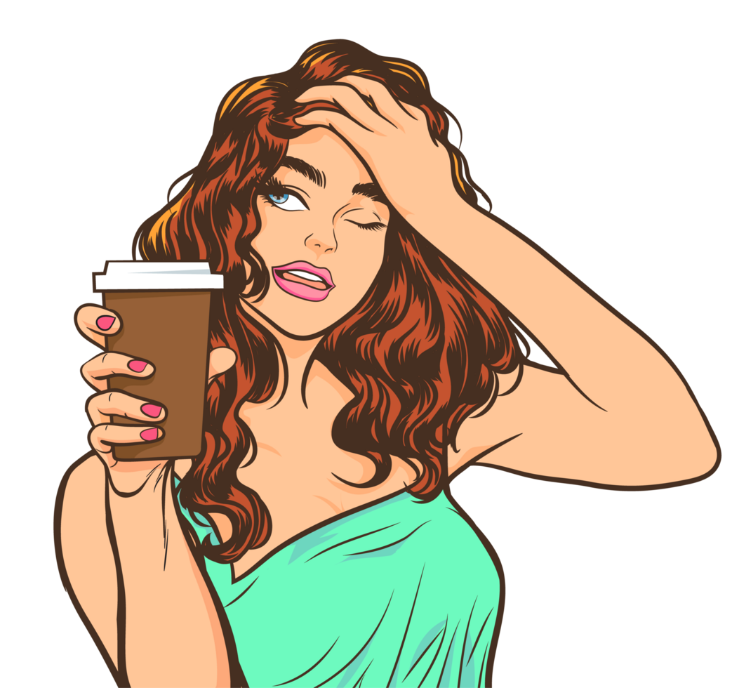 pop art woman winking while holding a coffee cup png