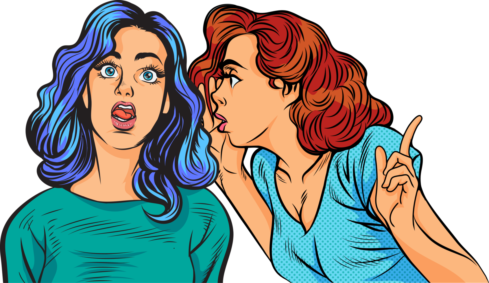 Vintage pop art illustration of two women gossiping, sharing secrets with surprise expressions png