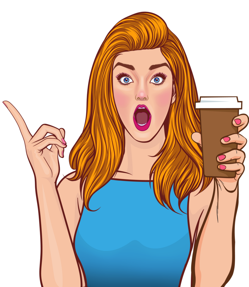 Pop art beauty in a chic dress holding a cappuccino with elegance png