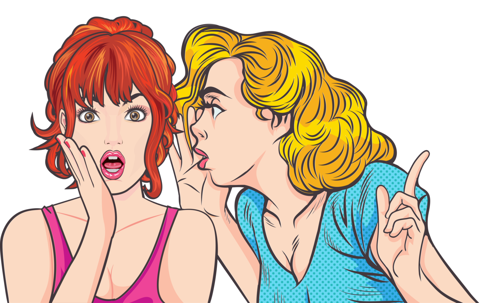 Pop art female friends chatting secretly, expressing emotions with dramatic gestures png
