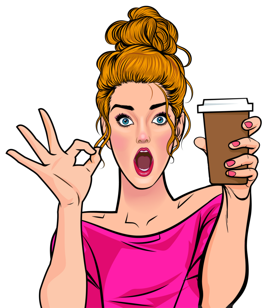 Elegant businesswoman enjoying a coffee break in pop art comic style png