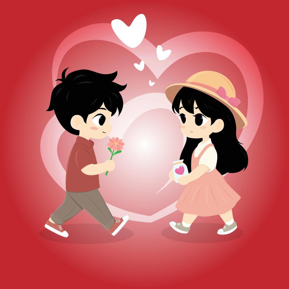 Boy and Girl sweet love valentine wedding cartoon kawai illustration red heart background design vector