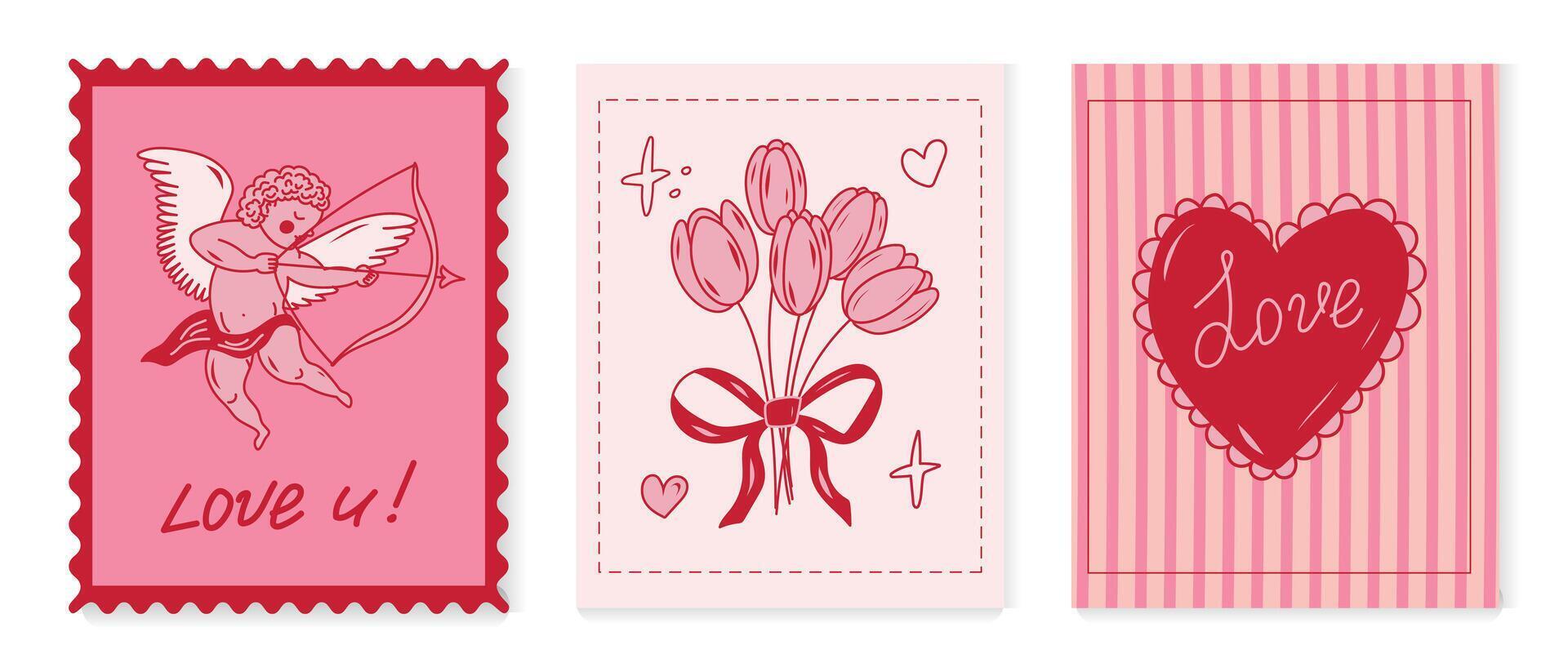 Valentine s Day greeting cards featuring Cupid, flowers, and heartfelt messages in shades of red vector
